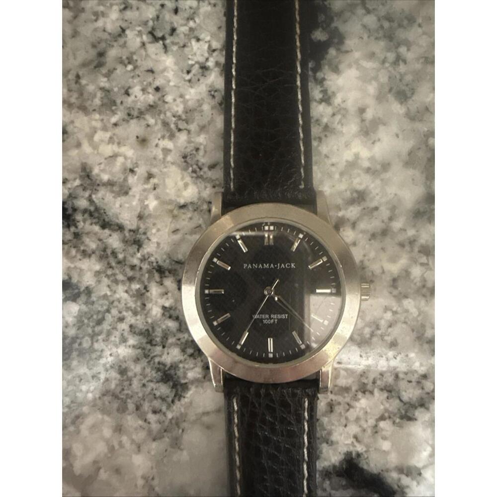 Panama Jack Watch With Silver Bezel And Black Leather Strap